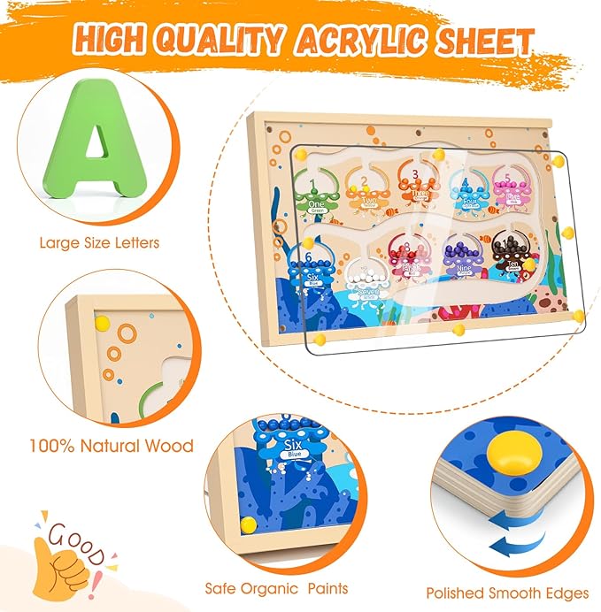 4 in 1 Wooden Montessori Toys with Storage Box for 3-5 Year Old- Magnetic Color and Number Maze, Alphabet Puzzles, Drawing Board, Toddlers Educational Learning Toy Gift for Kids Boys Girls