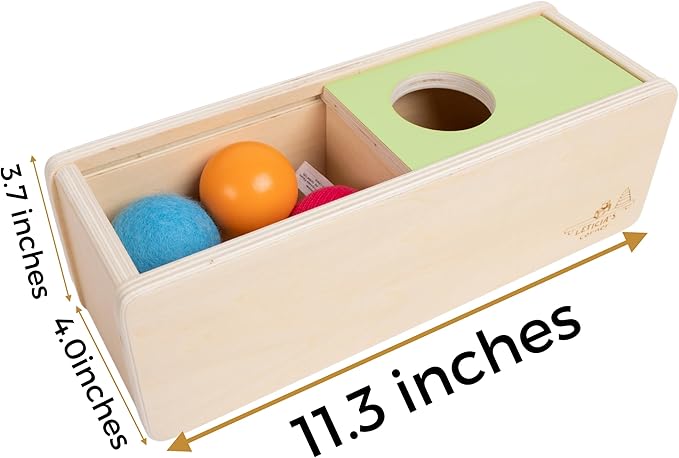 Leticia's Corner Montessori-Inspired Wooden Object Permanence Box, Sliding Top Box with Felt, Wooden and Knitted Balls, Imbucare Box, Ball Drop, Montessori Toy for Babies 6 Months and Older