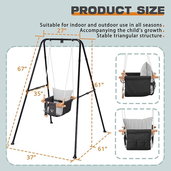 2-in-1 Baby Jumper & Swing - Foldable Stand, Stable Toddler Swing Set for Indoor & Outdoor Use (Black)