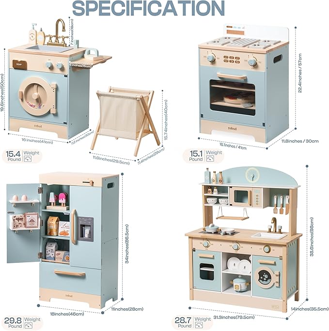 ROBUD Wooden Play Kitchen Set, Kids Toy Kitchen Set with Realistic Design, Utensils, Ice Maker, Fridge, Oven, Washer, Modern Style Play Kitchen with Accessories, Ideal Gift for Boys & Girls, Blue