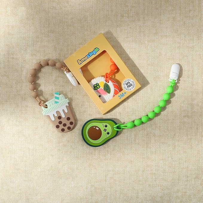 Baby Food Grade Silicone Teether Toy with One Piece Design Pacifier Clip Holder,Teething Toys Gift Set for 3 Months+ Boys and Girls,Freezer Safe,BPA Free. (Bubble Tea)