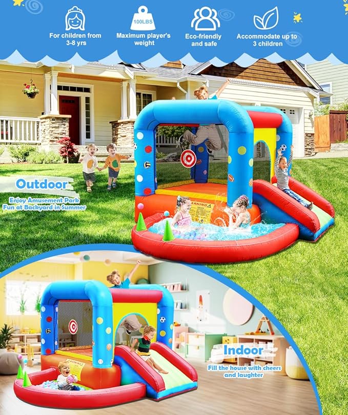 Step4Fun Inflatable Bounce House, Kids Castle Slide Bouncer for Children Jumping Outdoor and Indoor Party, Baby Backyard Water Jumper Toy with Blower, Ball Pit Pool, Ideal Gifts（112 x 98 x 65”）