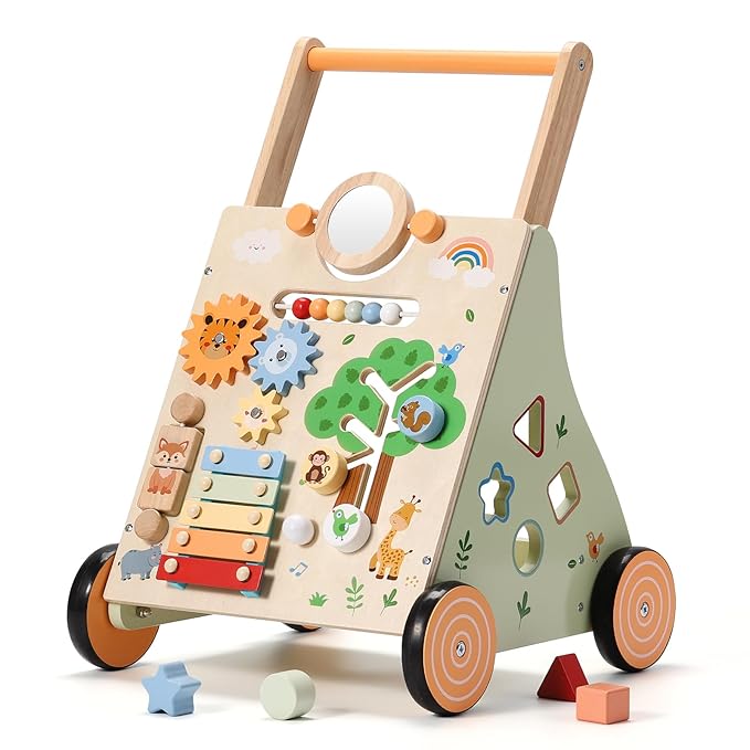 SainSmart Jr. Wooden Baby Walker, Adjustable Height and Speed Baby Push Walker, Montessori Activity Center for 6-12 Months, Push Walking Toys for 1 Year Old Boys Girls Learning to Walk, Animal Theme