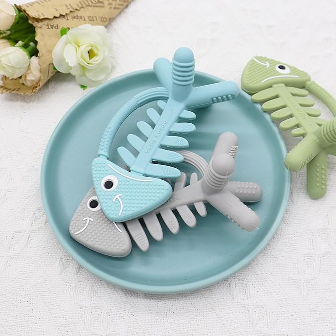 3 in 1 Infant Toys, Baby Teething Toys 3–6 6–12 Months, Teethers for Babies 0–3–6–12 Months for Teething Relief, Baby Gift, Baby Teether Toys, Silicone Sensory Toys, USA Patent Pending, Fish Turquise