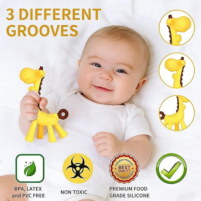 Baby Teething Toys 3-6 Months, Silicone Baby Teether Freezer BPA Free, Babies Teething Relief Sore Gums, Banana Toothbrush, Fruit Shape Giraffe Newborn Teether Gift for Infant Boy and Girl