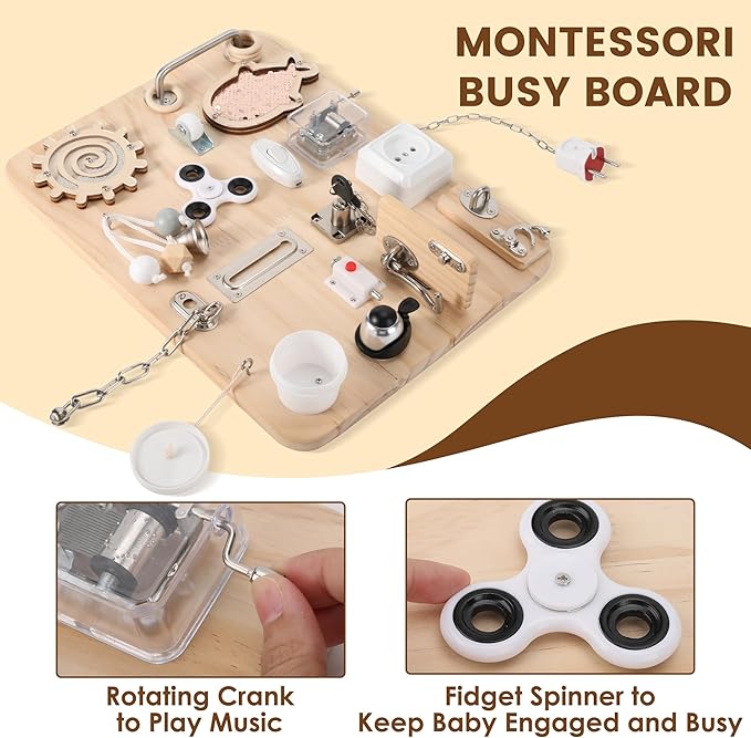 Wooden Montessori Busy Board, Montessori Sensory Activity Board Toys for Kids Toddler Baby Boys Girls, for Autism & ADHD Motor Skills