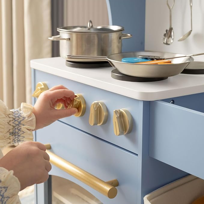 Tiny Land Play Kitchen for Kids with Enhanced Storage – Modern Toddler Kitchen Playset with Stove, Sink & Accessories, Organized Wooden Toy Kitchen, Ideal for Toddlers