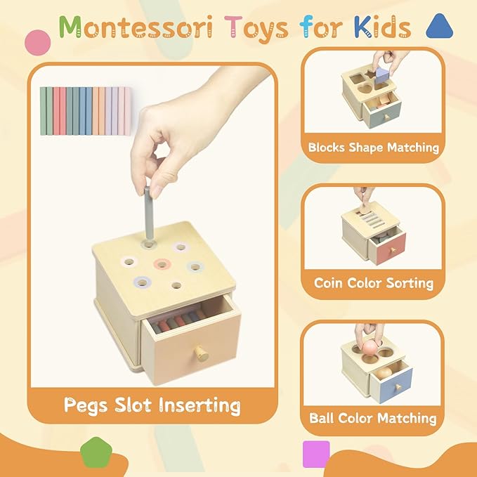 Montessori Toys for 2 3 4 5 Year Old - Wooden Object Permanence Box with Drawer Sensory Toys Shape Sorter Color Sorting Education for Baby Toddler Boy Girl Drop Busy Box (A-pegs)