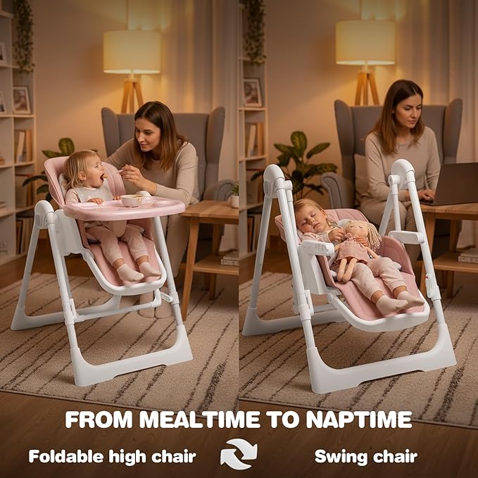 High Chairs for Babies and Toddlers Foldable High Chair Adjustable with Reclining Seat & Leg Rest, 3-in-1 Convertible Baby Swings with Tool-Free Assembly (Pink)