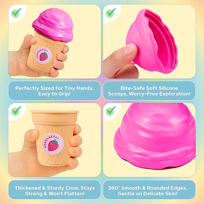 JOYCAT Ice Cream Play Set for Toddlers 1-3, Color Sorting Stacking Toys with 7 Matching Cones & Scoops, Pretend Play Food for Girls Kids Christmas Gifts, Fine Motor Skills Learning Toys for Preschool