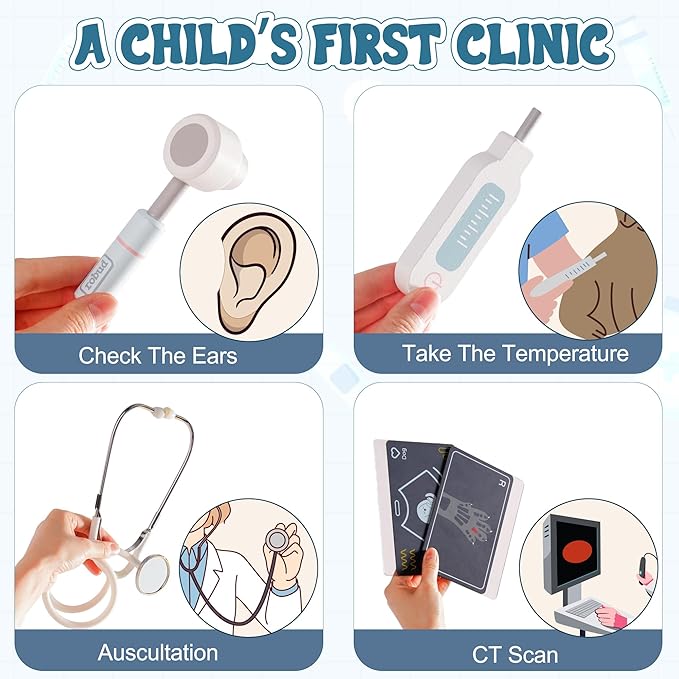 ROBUD Toddler Doctor Play Set, Complete Doctor Kit for Kids with Adjustable Height and Medical Tools, Wooden Pretend Play Pet Doctor Cart for Kids Aged 3+, Vet Kit for Imaginative Role Play Fun