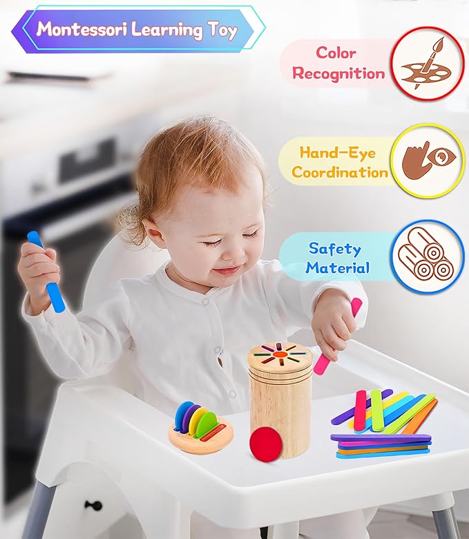 Montessori Toys for Toddlers,Wooden Learning Color Shape Sorting Toy for Baby,2-in-1 Wood Stick Coin Educational Fine Motor Developmental Sensory Matching Games, Girl for Boy Child Gifts