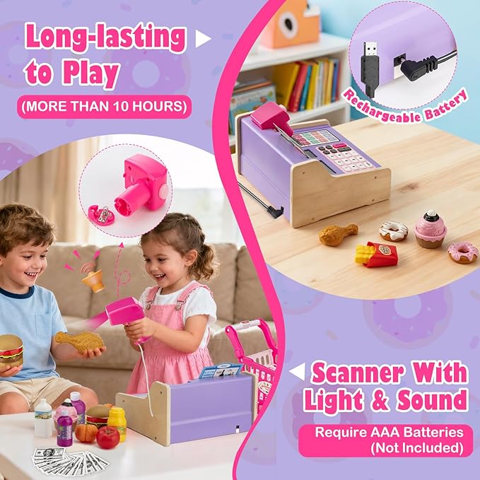 Wooden Cash Register for Kids with Shopping Cart Rechargeable Kid Cash Register with Scanner Gift for Kids Age 3 4 5 6 7 8 9 Year Old Pretend Play for Toddlers Toys for 3-12 Year Old Girls