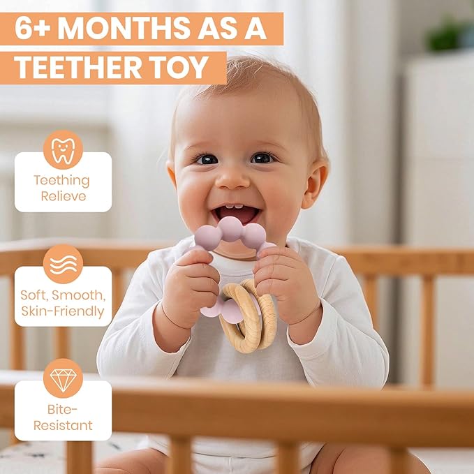 Socub Baby Teething Toys for 0-6 6-12 Months- BPA-Free Food-Grade Silicone & Natural Beech Wood Teether Ring for Newborn Infants Teething Relief- Easy-Grip Sensory Rattle Toys(Dusty Lilac)