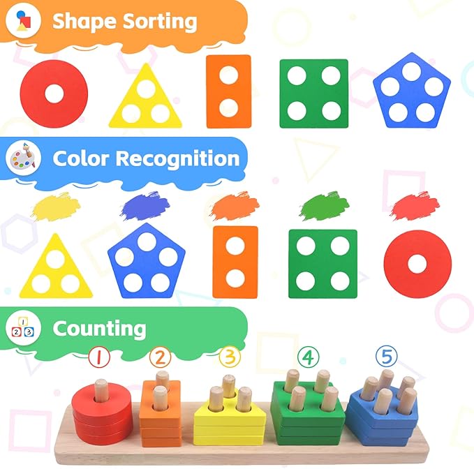 Montessori Toys for 1 2 3 Year Old - Wooden Baby Stacking Toys Sensory Educational Shape Sorter Color Sorting Toy for Toddlers 1-3, Christmas Stocking Stuffers Birthday Gifts for Baby Girls Boys Kids