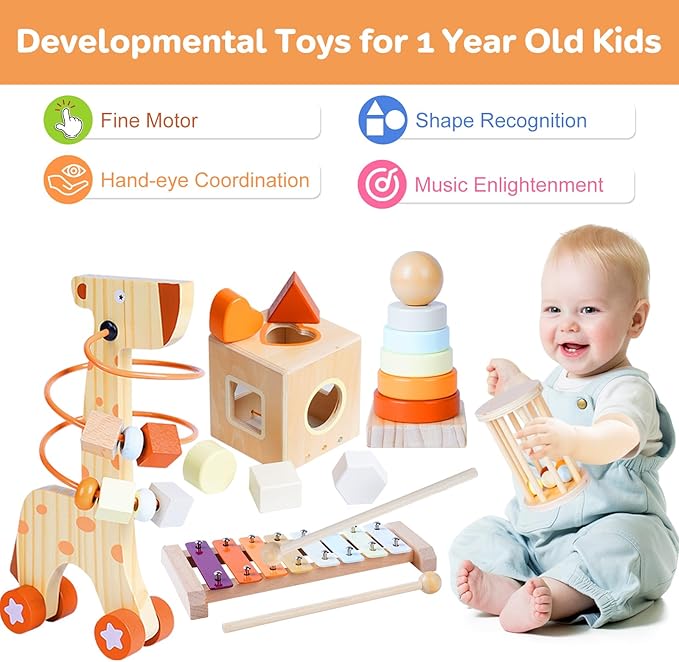 Wooden Montessori Toys Set for Toddlers,Wooden Toy Set for Babies Educational Object Permanence Box,Xylophone(Glockenspiel),Stacking,Rattle Birthday Gift for Boys Girls Ages 1 2 3 4 5