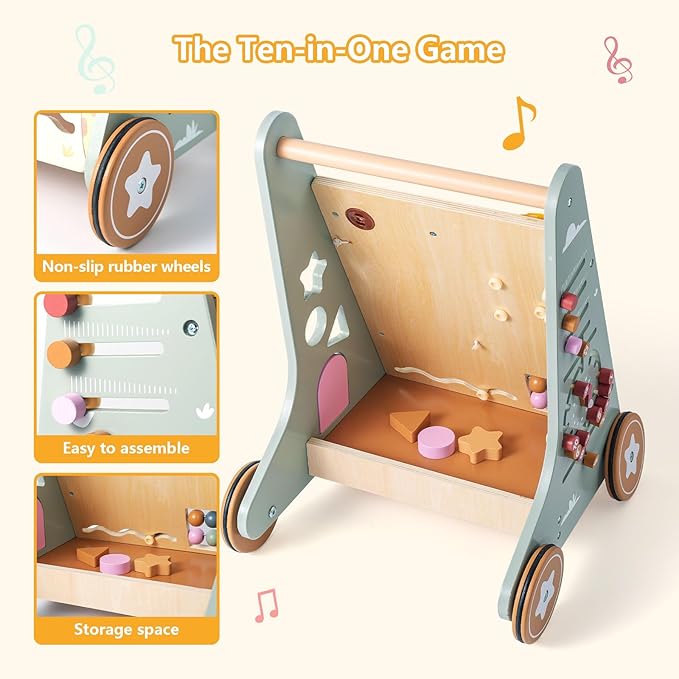 Wooden Baby Walker | Toddler Push Walking Toy with Wheels for Boys & Girls | Learning Walking Aid for Standing & Balance Training | Sturdy Montessori Toy for 18+ Months