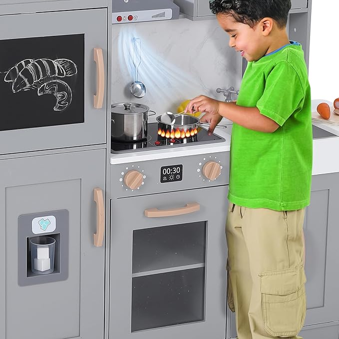 Kids Kitchen Playset,Wooden Play Kitchen Playset with Ice Maker Microwave,Oven and Other Accessories,Chef Pretend Play for Toddlers with Real Lights & Sound,Toy Gift for Boys Girls