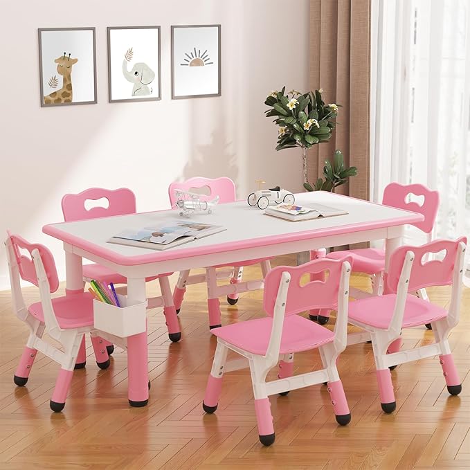IDEALHOUSE Kids Table and 6 Chairs Set, Height Adjustable Toddler Table and Chair Set, Graffiti Desktop, Children Study Table for 6 for Home Daycare Preschool for Ages 2-10, Pink