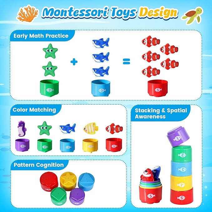LovesTown Montessori Toys for Toddlers, Preschool Learning Toys Cloth Fishing Games with Stacking Cups Color Sorting Game for Kids Boys Girls Christmas Party Favors Gifts