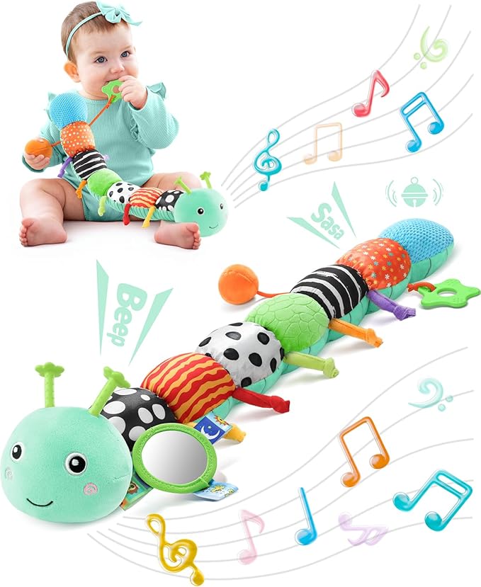 LIGHTDESIRE Baby Toys 6-12 Months Musical Caterpillar,Infant Toys 0-6 Months Sensory Toy with Ruler Design,Mirror,Pull String,Crinkle&Rattles,Baby Teething Toy for Tummy Time Boy Girl Gifts (Ice Blue)