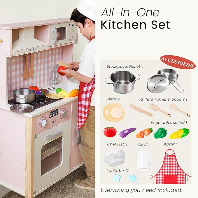 Tiny Land Play Kitchen for Kids, Wooden Kids Play Kitchen Playset Chef Pretend Play Set for Toddlers with Real Lights & Sounds, Toys Kitchen with 18 Pcs Toy Food & Cookware Accessories