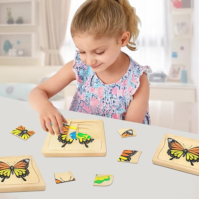 Montessori Wooden Puzzles for Kids Ages 4-8, 4 Layer Life Cycle of Butterfly Jigsaw Puzzle for Toddlers, Children Preschool Learning Educational Puzzles Spring Toys Gift for Boys and Girls (Butterfly)