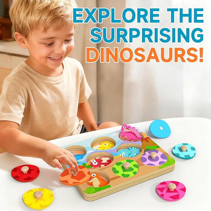 Wooden Puzzles for Toddlers 1-3, Montessori Toys for 1 2 Year Old Boy Christmas Birthday Gifts, Dinosaur Matching Eggs Peg Puzzles for Toddlers Age 2-4, Preschool Learning Activities for Girls