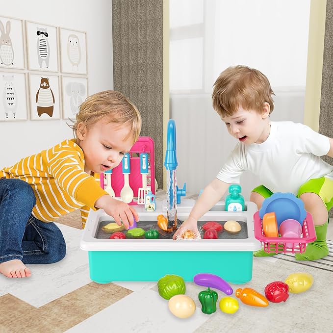 Doloowee Color Changing Kitchen Sink Toys,Electric Dishwasher Playing Toy Play Sink for Kids 3-5 with Running Water,Upgraded Faucet and Play Dishes,Pretend Play Kitchen Toys for Kids Boys Girls(Blue)