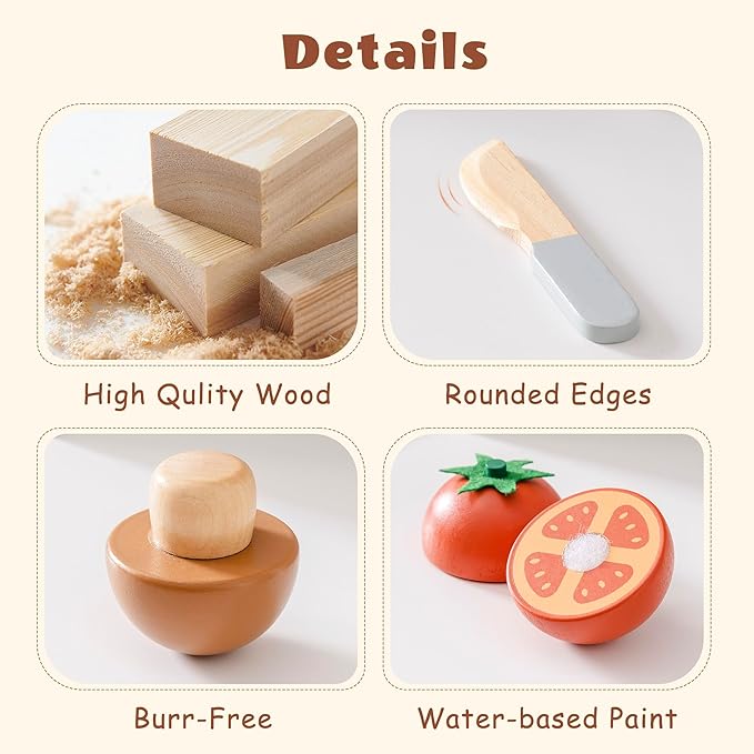 ROBOTIME Wooden Play Food Cutting Vegetable Set, Pretend Play Toy Food for Play Kitchen with Shopping Bag – Kids Kitchen Accessories, Wooden Veggie Toys for Boys & Girls