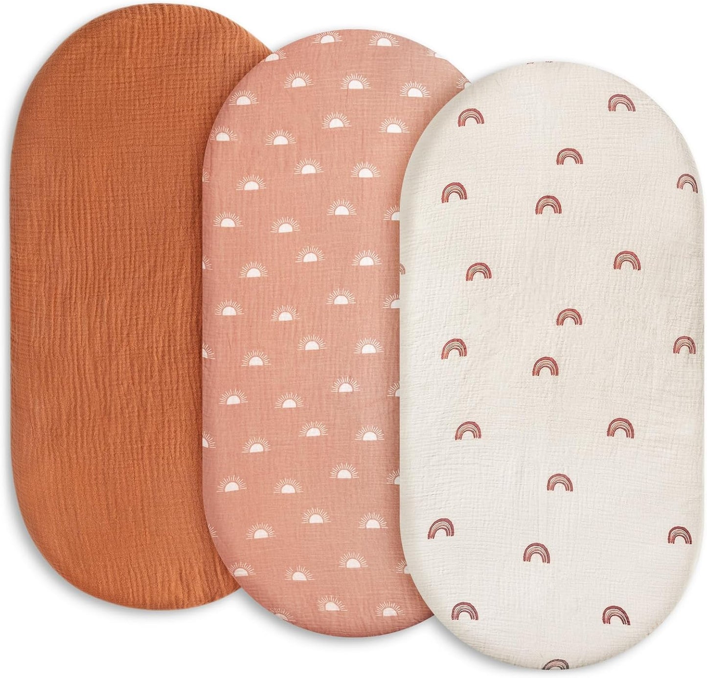 Gllquen Baby Muslin Bassinet Sheets 3 Pack, Breathable Elastic Cozy Fitted Cotton Bassinet Mattress Sheet for Baby Boy Girls, Fit for Hourglass Oval Rectangular Cradle Pad Sheets 33"x17"(Rainbow)