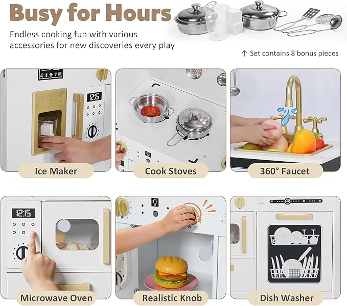 Pretend Kitchen Playset for Kids, Interactive Play Kitchen Wooden Toy Set w/Realistic Design, Sink, Microwave, Ice Maker, Dishwasher, Toddler Cooking Set Toy for Ages 3+, White