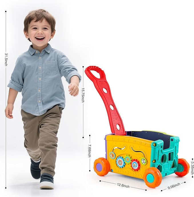 Baby Walker Musical Push Toy for Toddlers 18+ Months - Educational Activity Wagon with Building Blocks, Learning Walking Assistant with Adjustable Handle for Baby Boys & Girls