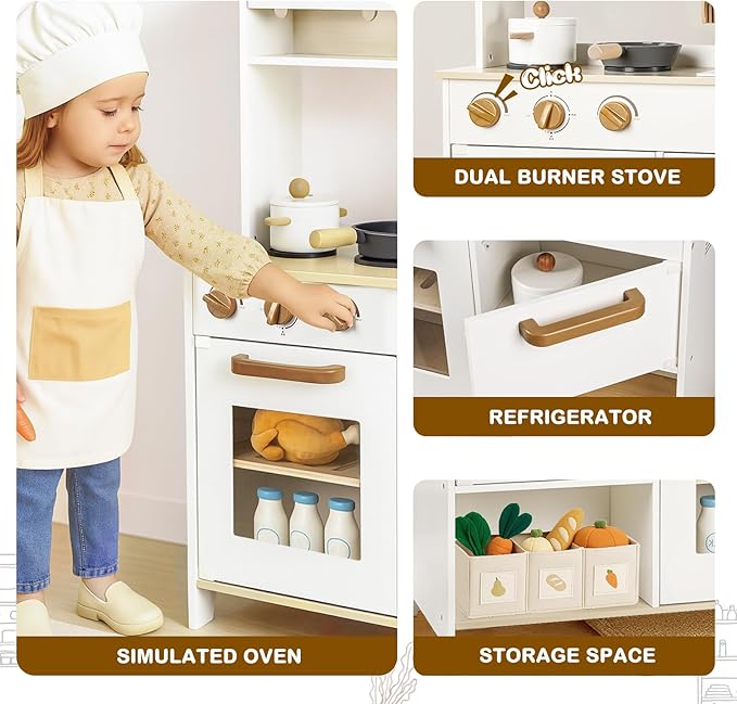 Dual-Sided Play Kitchen for Kids Toddlers, 2-in-1 Grocery Store&Wooden Toy Kitchen Set with Coffee Machine,Pretend Kitchen Play Set with Microwave, Oven, Gift for Boys Girls