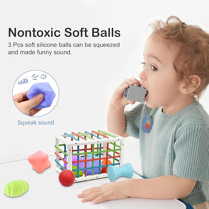 Baby Sensory Montessori Activity Toys for 1 2 Year Old Boy Girl, Early Learning Develop Shape Sorter Cube with Soft Textured Balls for Infants Toddler Birthday Gifts Christmas Stocking Stuffers