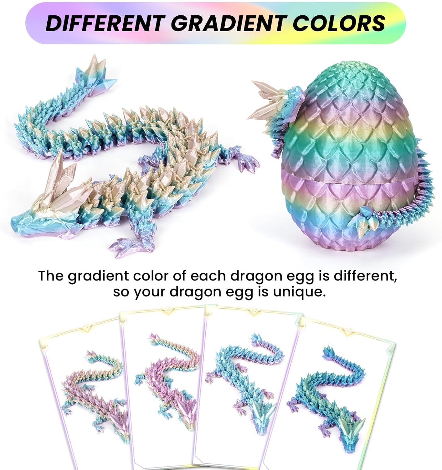 3D Printed Dragon Egg, Mystery Crystal Dragon Egg Fidget Toys Surprise, Articulated Crystal Dragon Eggs with Dragon Inside (Rainbow Color)