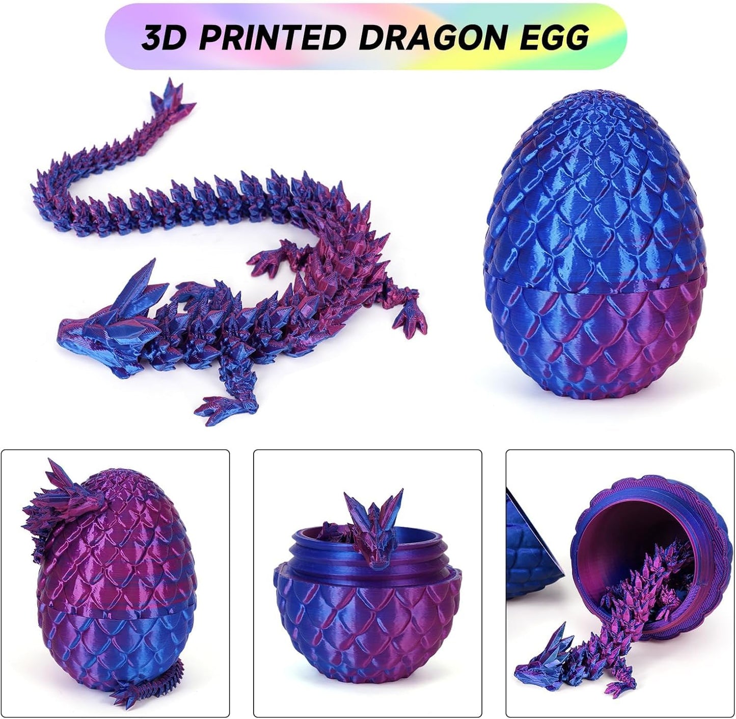 3D Printed Dragon Egg, Dragon Eggs with Dragon Inside, Crystal Articulated Dragon, Mystery Dragon Egg Fidget Toy, 3D Dragon Eggs Surprise Fidget Toy (Laser Purple)