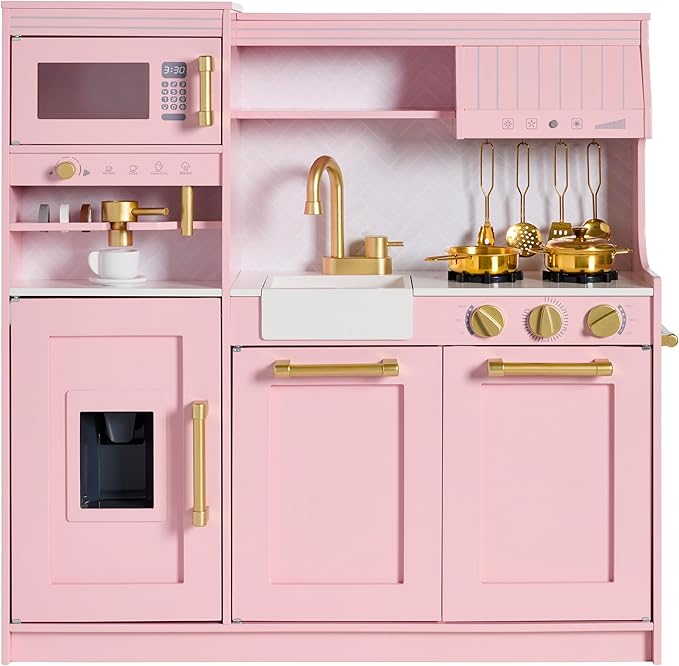 Best Choice Products Pretend Play Kitchen for Kids, Interactive Wooden Toddler Playset with Espresso Machine, Toy Storage, 17 Accessories - Pink