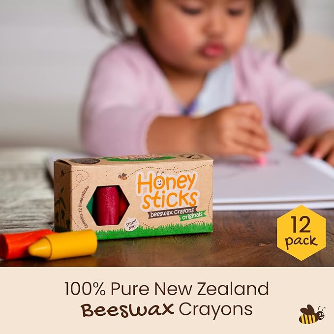 Honeysticks 100% Pure Beeswax Crayons (12 Pack) - Non Toxic Crayons for Toddlers 1-3, Safe for Baby from 1 Year Old Plus, Handmade with Natural Beeswax and Food-Grade Colors, Eco Friendly