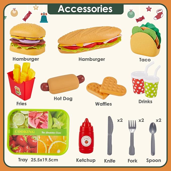 BUYGER Fast Food Play Food Toys for Kids Toddler Children Toy Kitchen Accessories Playset Plastic Toy Food Sets Pretend Play Gifts for 3 4 5+ Years Old