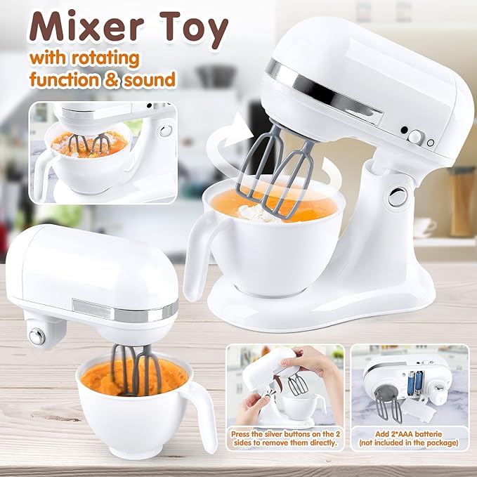Play Kitchen Appliances Toys, Kids Kitchen Playset Accessories, Pretend Play Toy Sets with Coffee Maker, Mixer, Toaster with Realistic Lights & Sounds, Gifts for Boys Girls Toddlers Ages 3+, White