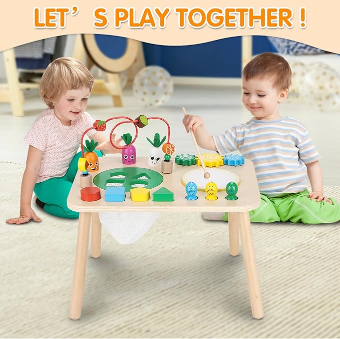 Activity Table for 1+ Year Old, 7 in 1 Wooden Montessori Activity Center Play Table with Drum, Bead Maze Shape Sorter Fishing Game, Kids Sensory Educational Toddler Learning Toys 1st Birthday Gifts