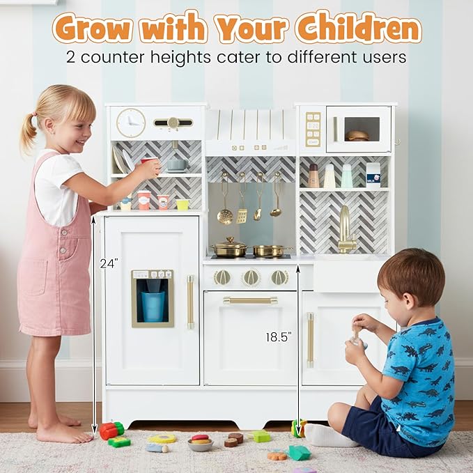 HONEY JOY Play Kitchen, Wooden Toy Kitchen Set with Coffee Maker, Microwave, Range Hood, Ice Maker, Stove, Dish Rack, Cookware, Pretend Play Kids Kitchen Playset for Toddler Boys Girls (White)