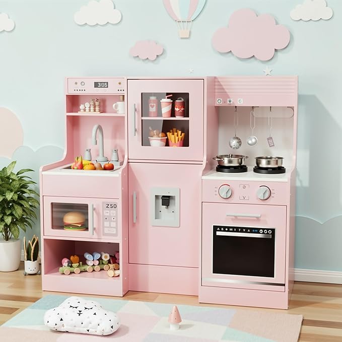 MAMIZO Wooden Play Kitchen for Kids, Toddler Toy Kitchen Playset, Large Interactive Pretend with 6 Kitchenware, Realistic Water Dispenser & Hood w/Lights & Sounds, Sink, Stove, Oven, Microwave (Pink)