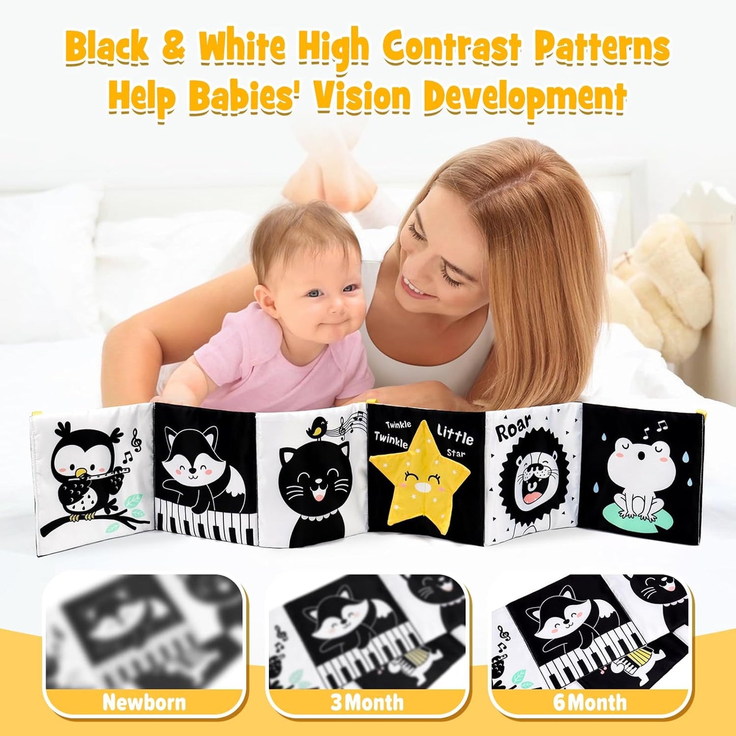 OKOOKO Black and White Baby Book High Contrast Baby Toy 0-6 Months Baby Soft Book Tummy Time Toy Crib Stroller Toy Montessori Sensory Toy Early Education for 0-6 6-12 Months Newborn Baby Infant