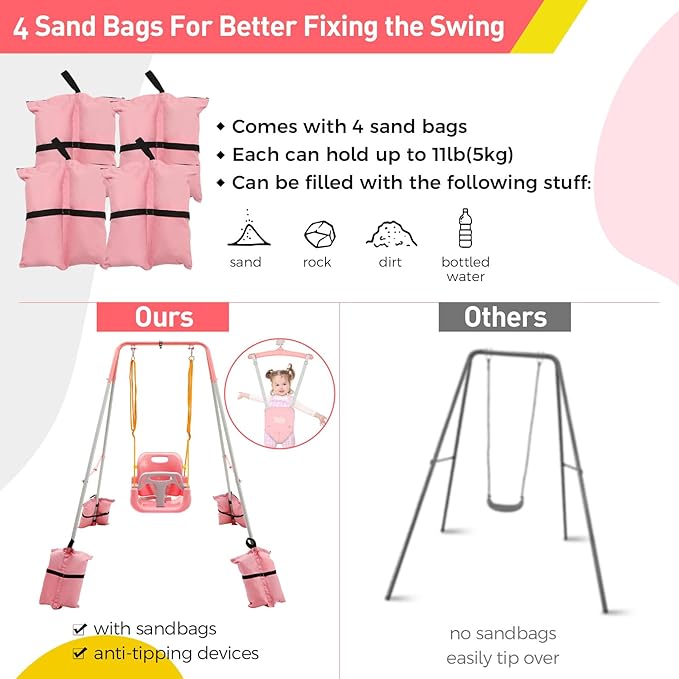 FUNLIO 2 in 1 Swing Set for Toddler & Baby Jumper, Heavy Duty Kids Swing & Bouncer with 4 Sandbags, Foldable Metal Stand for Indoor/Outdoor Play, Easy to Assemble and Store - Pink