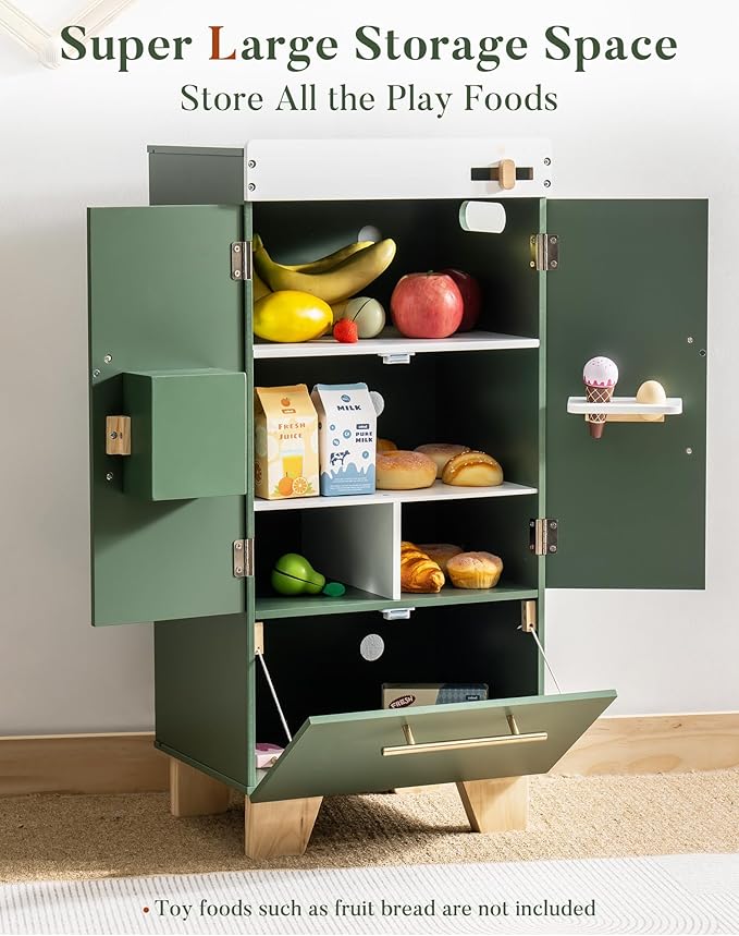 ROBUD Kids Play Kitchen - Vintage Green Refrigerator for Kids Kitchen Playset with Accessories - Pretend Toddlers' Kitchen Toy Fridge - Perfect Baby Gift for Ages 3+, Vintage Green