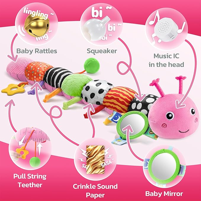 HEMRLY Baby Sensory Toy 0-6 Months, Musical Stuffed Caterpillar Plush with Teether, Crinkle, Rattle, Baby Mirror for Tummy Time, Infant Car Seat Toy for 0-3-6-12 Month Boys Girls Gifts - Knotted Pink