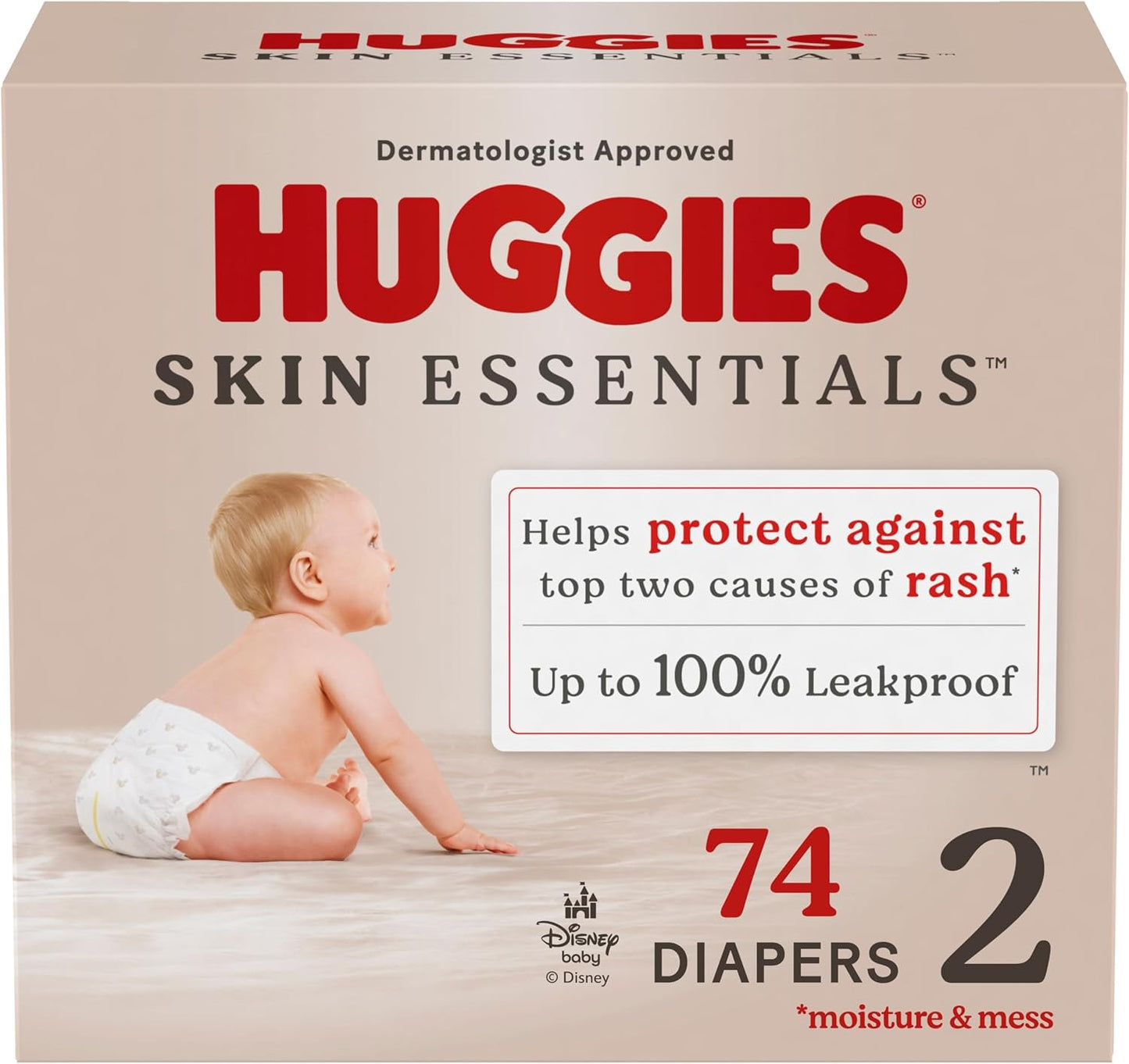 Huggies Size 2 Diapers, Skin Essentials Baby Diapers, Size 2 (12-18 lbs), 74 Count, Packaging May Vary