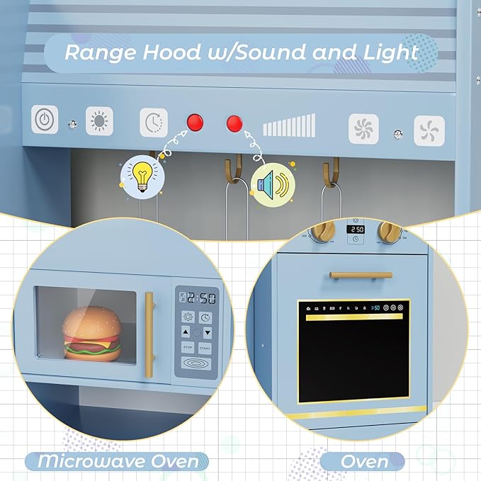 MAMIZO Wooden Play Kitchen for Kids, Toddler Toy Kitchen Playset, Large Interactive Pretend with 6 Kitchenware, Realistic Water Dispenser & Hood w/Lights & Sounds, Sink, Stove, Oven, Microwave (Blue)